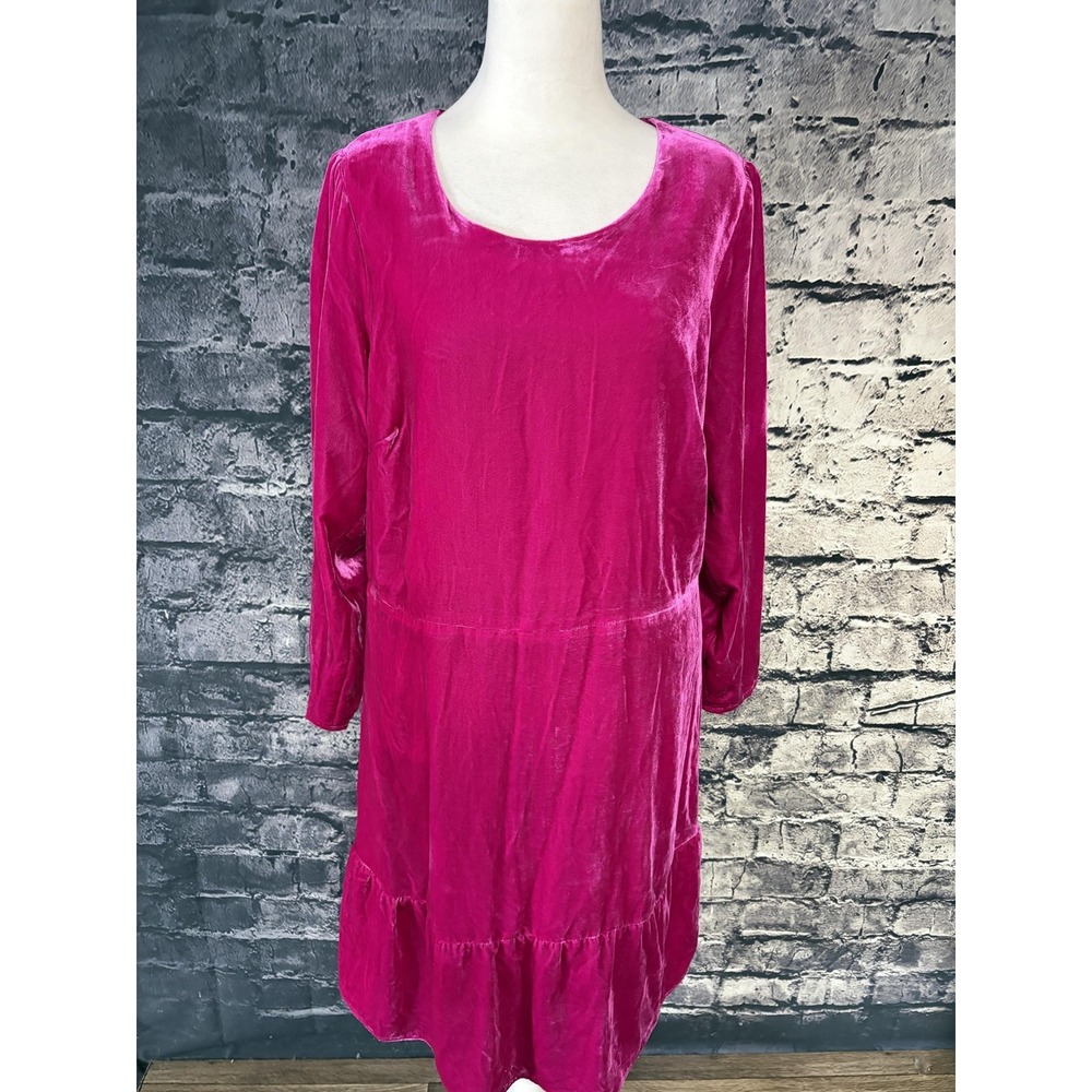 Boden Velvet Dress Womens Medium Pink Scoop Neck Long Sleeve Shift Midi Ruffle - Picture 2 of 16
